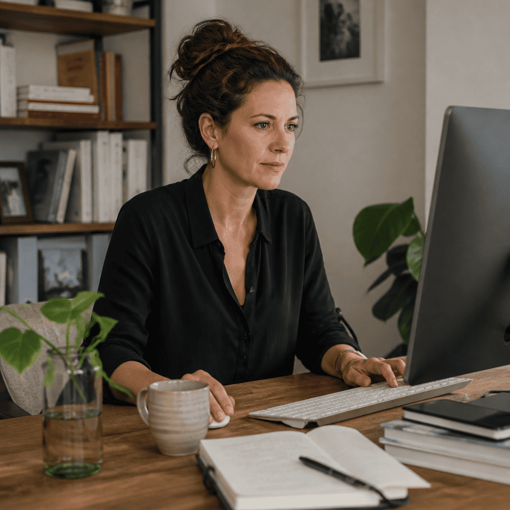 Asistente virtual profesional trabajando con herramientas de inteligencia artificial